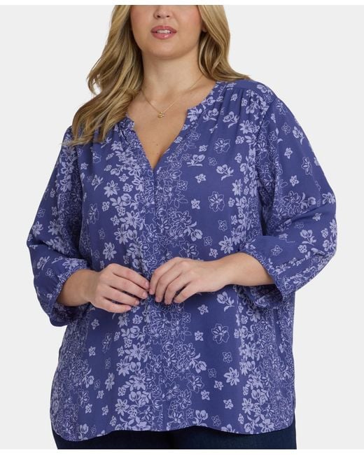 NYDJ Blue Plus Size Pintuck Split Neck Top