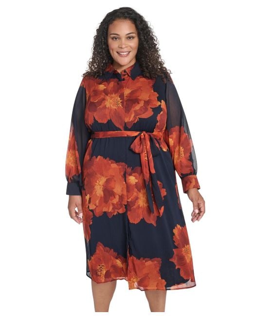 Calvin Klein Red Plus Size Long-sleeve Printed Midi Dress
