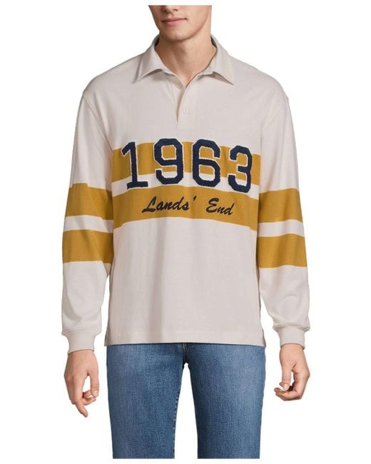 Lands' End White Long Sleeve rugged Rugby Embroidered Polo for men