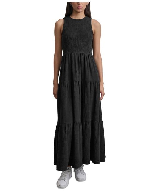 DKNY Black Cotton Gauze Smocked-bodice Maxi Dress