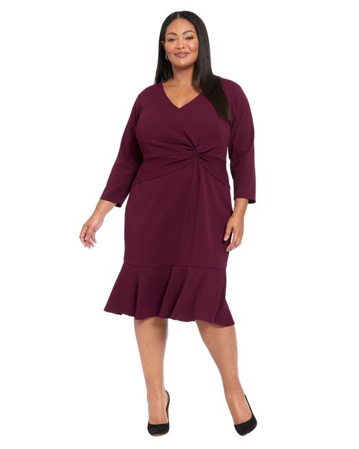 London Times Red Plus Size Side-knot 3/4-sleeve Dress