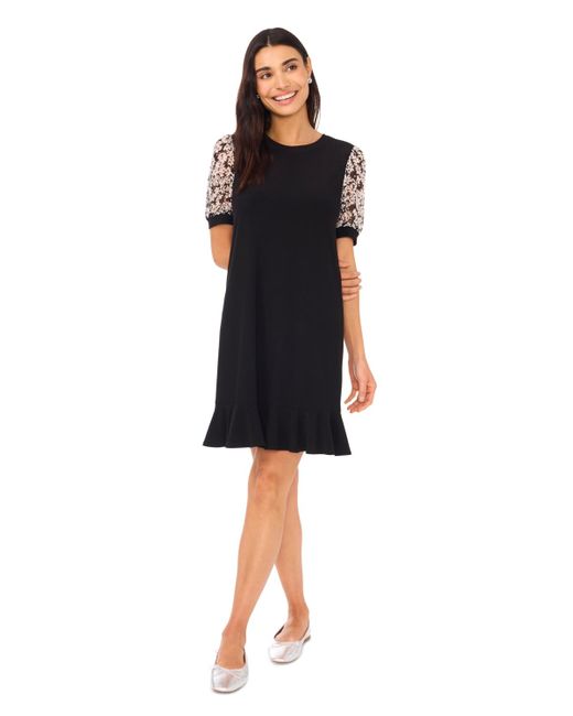 Cece Black Mixed Media Sheer Floral Puff Sleeve Knit Dress