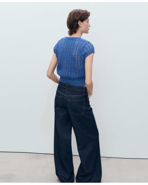 Mango Blue Short-sleeved Crochet Sweater