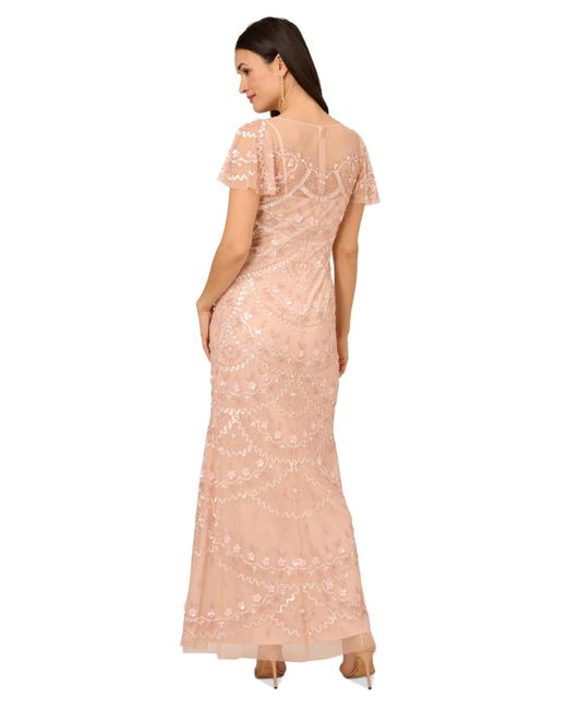 Adrianna Papell Pink Bead Flutter-sleeve Sequin Gown