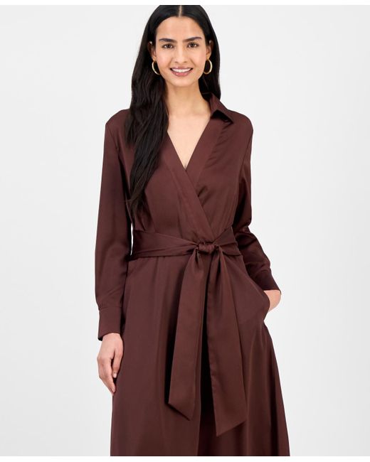 Tahari Collared V-neck Tie-waist Midi Dress