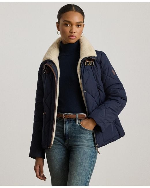 Ralph Lauren Blue Faux-fur-collar Diamond Quilted Jacket