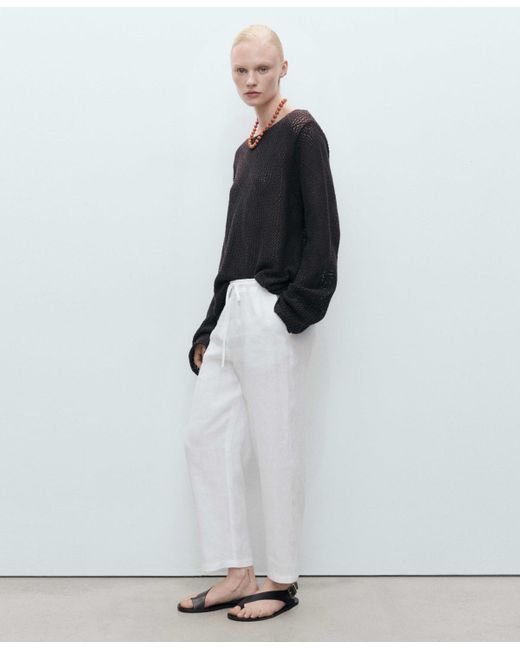 Mango White Straight Linen-blend Pants