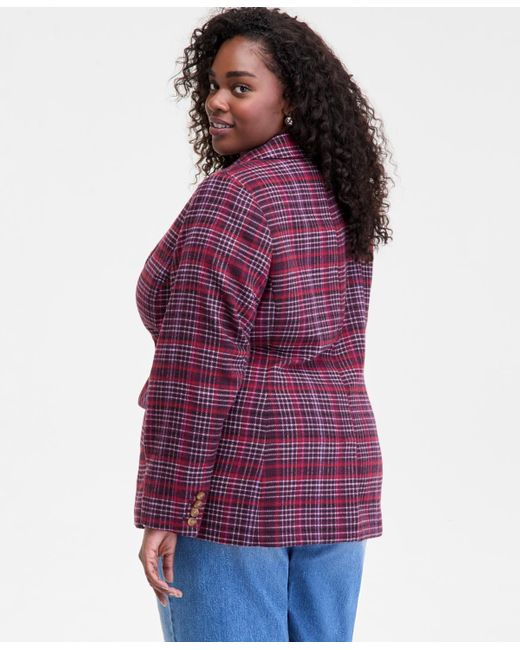 On 34th Purple Trendy Plus Size Plaid Single-button Blazer