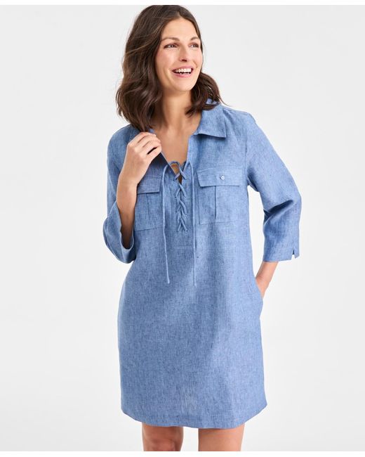 Charter Club Blue 100% Linen Lace-up 3/4-sleeve Utility Dress