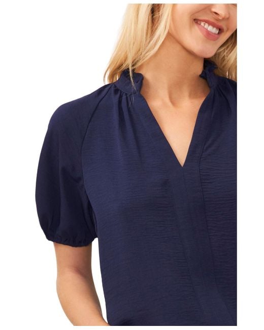 Cece Blue Short Sleeve Ruffle Neck Raglan Split Neck Blouse