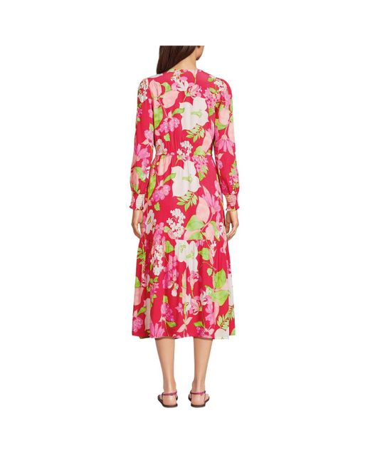 Lands' End Red Crepe Button Front Long Sleeve Midi Dress