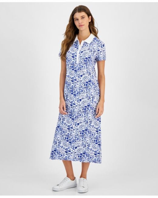 Tommy Hilfiger Blue Floral-print Short-sleeve Dress