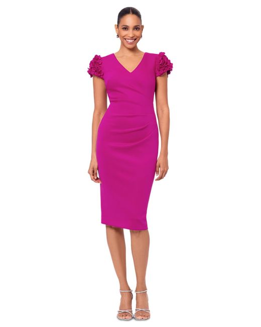 Xscape Pink Floral-applique Ruched Sheath Dress
