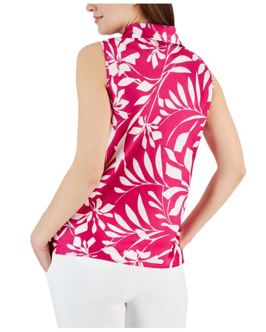 Tahari Pink Printed Sailor-tie-neck Sleeveless Top