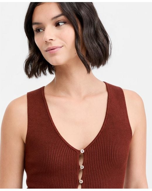 BarIII Red Ribbed Button-front Top