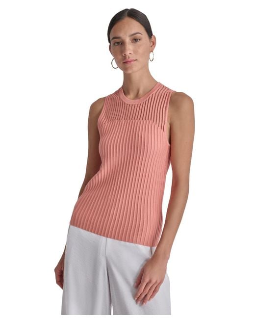 DKNY Pink Round-neck Sleeveless Rib-knit Sweater