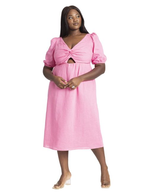 Eloquii Pink Plus Size Twist Bodice Puff Sleeve Dress