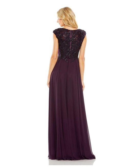 Mac Duggal Purple Appliqued Cap Sleeve Bodice Flowy Gown
