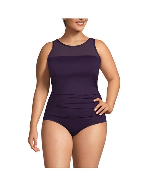 Lands' End Blue Plus Size Chlorine Resistant Smoothing Control Mesh High Neck One Piece Swimsuit