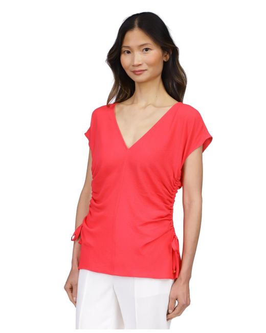 Michael Kors Red Michael Solid Ruched V-neck Top