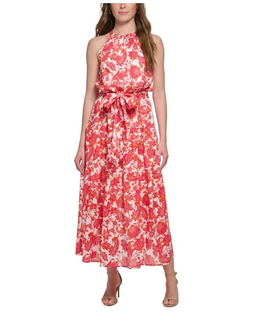 Tommy Hilfiger Cotton Printed Halter Maxi Dress in Red | Lyst