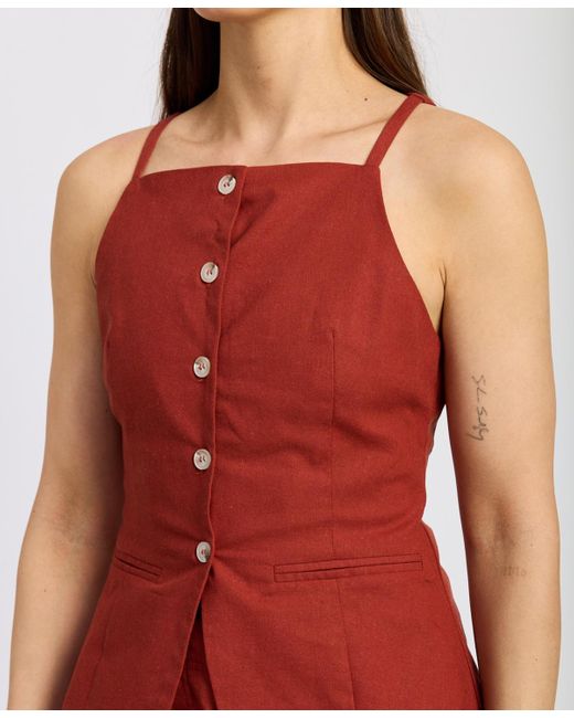 En Saison Red Megumi Cotton Linen Sleeveless Button-front Top