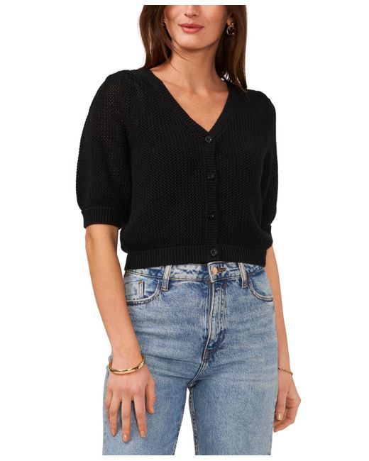 Vince Camuto Black Open-knit Puff-sleeve Cardigan Sweater