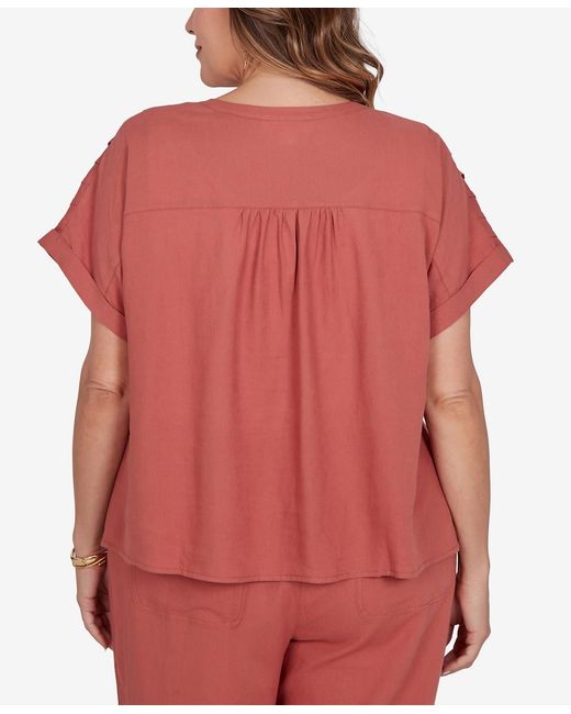 Ruby Rd Red Plus Size Lightweight Pleated Short-sleeve Top