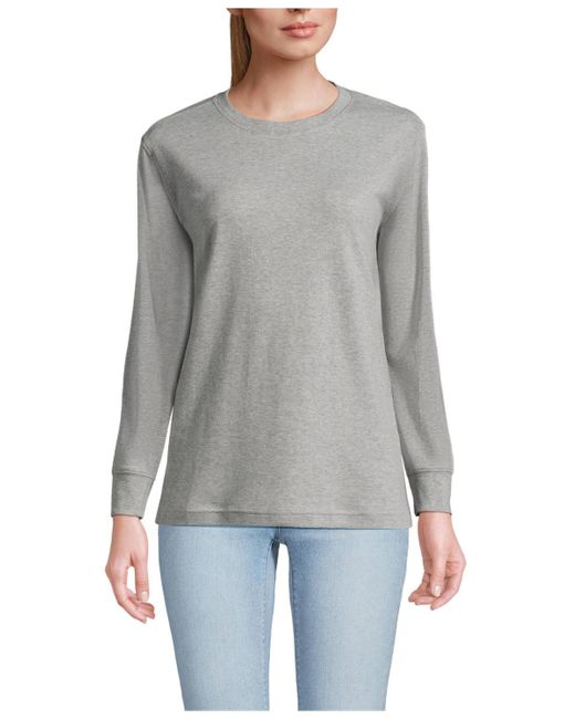 Lands' End Gray Cotton Relaxed Long Sleeve Crew Neck