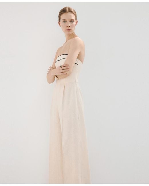 Mango White Strapless Linen Jumpsuit