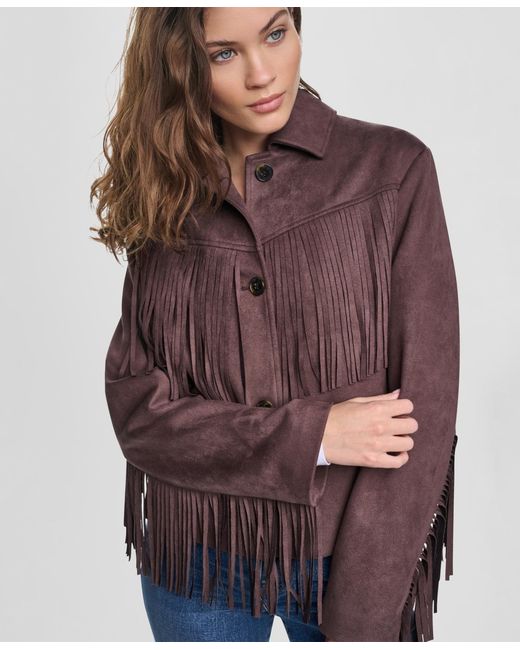 DKNY Blue Fringe Detail Collared Button-front Jacket