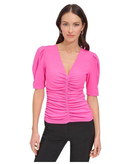 DKNY Pink V-neck Ruched Knit Elbow-sleeve Top