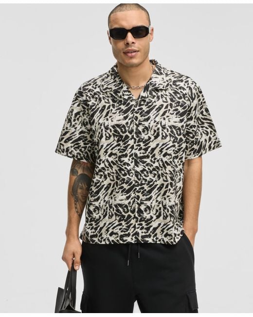 Mode Of One Black Relaxed-fit Leopard-print Button-down Camp Shirt for men