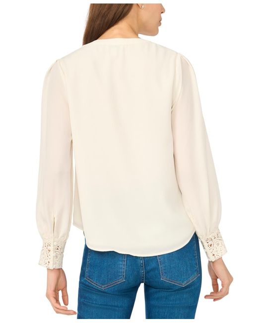 Cece White Lace-cuff Button-front V-neck Blouse