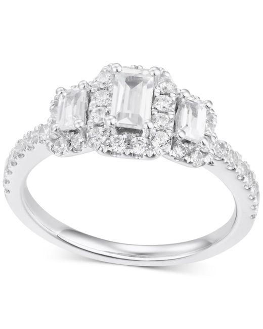 Macy's White Diamond Emerald-cut Halo Three Stone Ring (1 Ct. T.w.