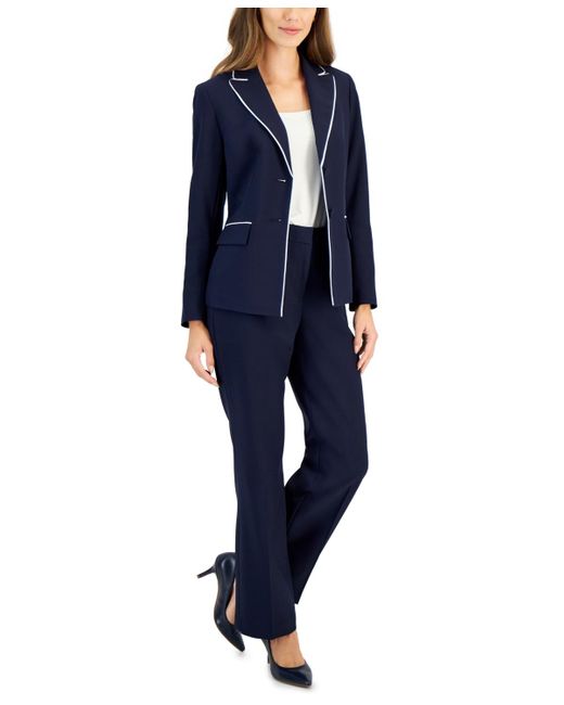 Le Suit Blue Contrast Trim Two-button Jacket & Mid Rise Pant Suit