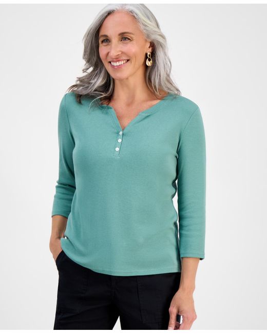 Style & Co. Green Petite Cotton Knit Henley 3/4-sleeve Top