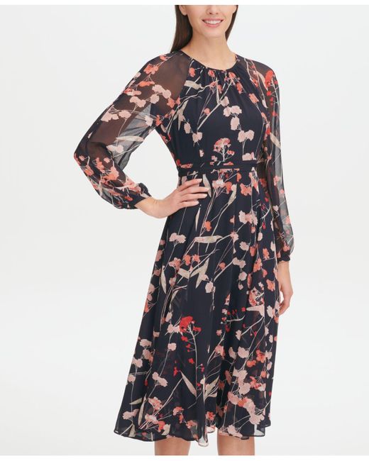 Tommy Hilfiger Corsage Print Chiffon Midi Dress in Blue | Lyst