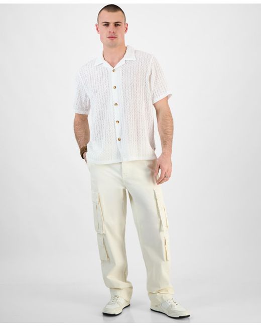 Guess White Liam Regular-fit Open-knit Jacquard Button-down Shirt for men