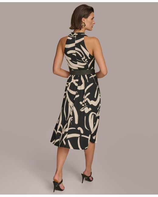 Donna Karan Black Printed Belted A-line Dress