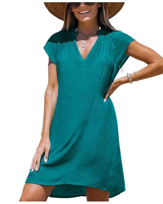 CUPSHE Vneck Short Sleeve Mini Coverup Dress in Blue Lyst