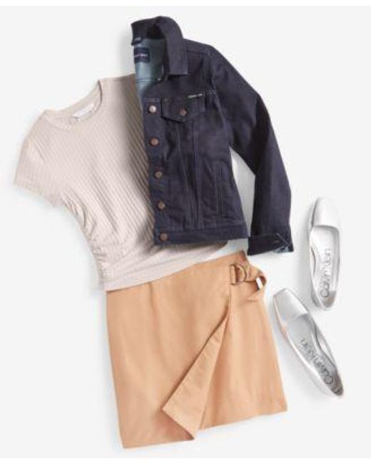 Calvin Klein Blue Basic Button Front Trucker Jacketshort Sleeve Ruched Crop Top High Waist Twill Wrap Skirt
