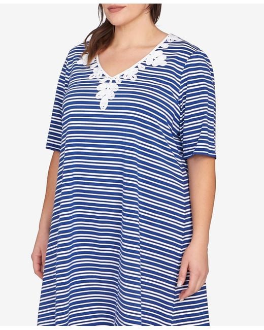Ruby Rd Blue Plus Size Embroidered Stripe Knit Dress