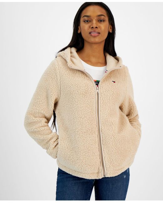 Tommy Hilfiger Faux Sherpa Full-zip Hoodie in Natural | Lyst