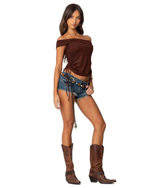Edikted Blue Studded Low Rise Denim Micro Shorts