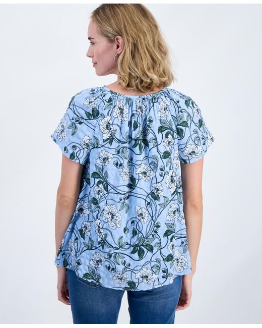 Style & Co. Blue Petite Printed Split Neck Top