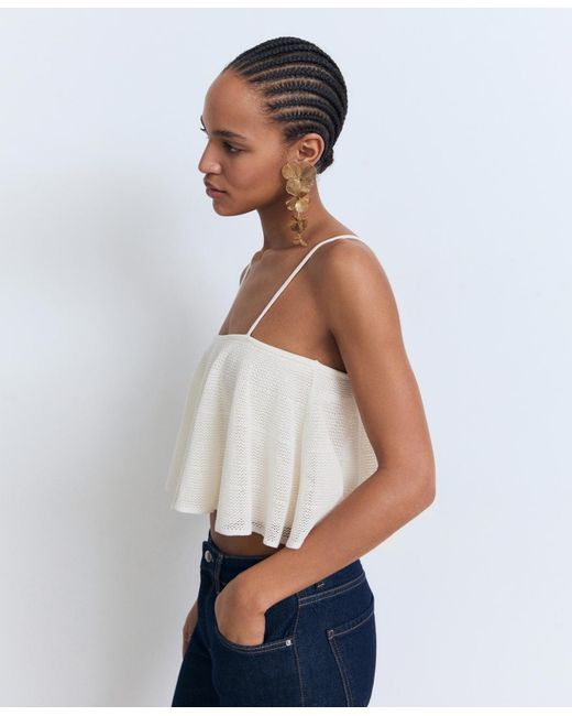 Mango White Ruffle Knit Top