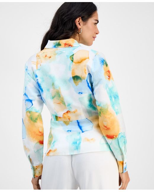 INC International Concepts Blue Petite Printed Long-sleeve Wrap Blouse