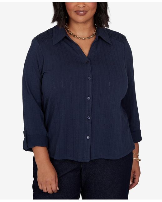 Ruby Rd Blue Plus Size Striped Roll-tab Button-front Blouse