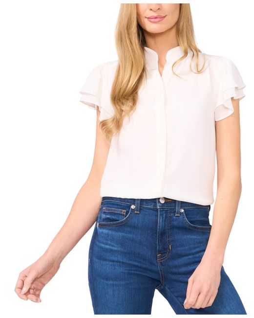 Cece Blue Flutter-sleeve Button-front Blouse
